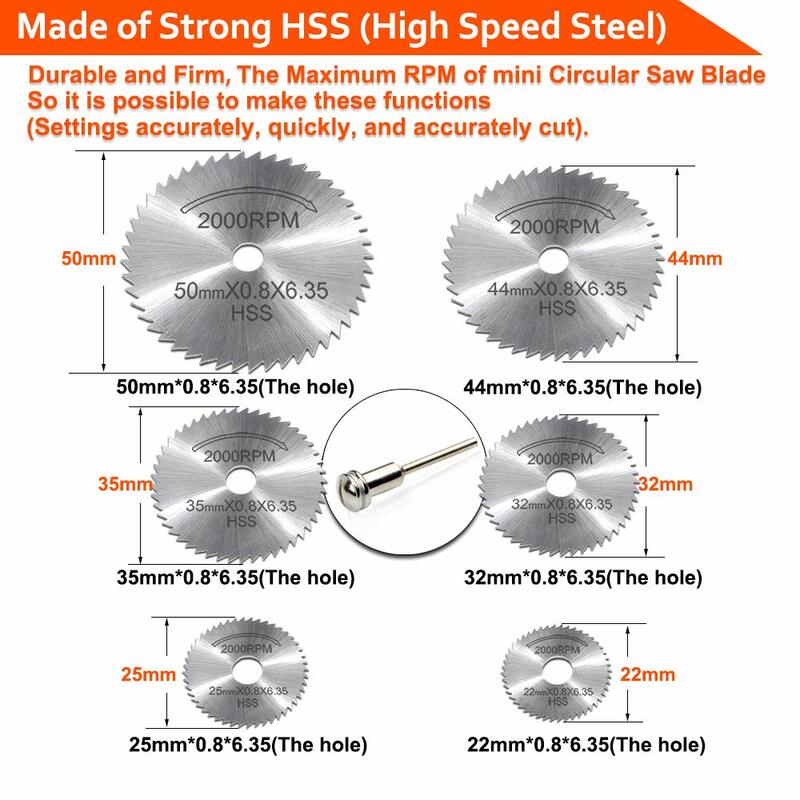 7Pcs Metal Cutting Disc Hss High Speed Steel Rotary Blade Wheel Discs Mandrel For Tools Wood Cutting Saw Dremel Cutter (3.175mm)