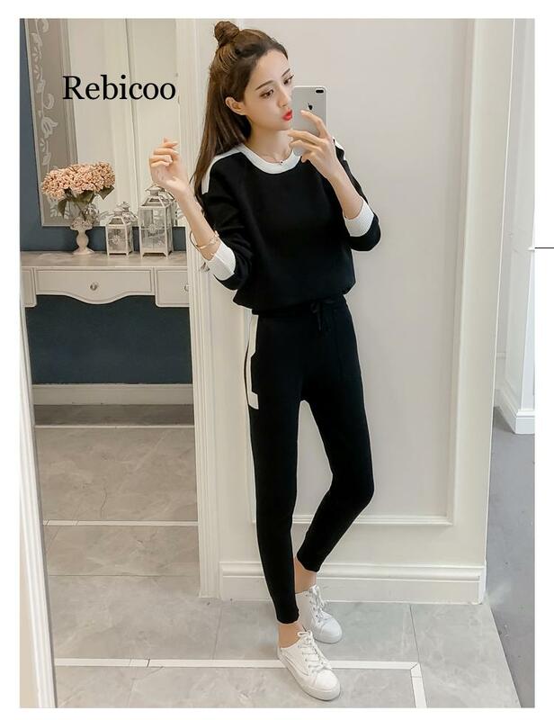Fashion Patchwork Tracksuit Women Long Sleeve Pullover Sweater + Casual Full Length Korean Female Knitted Slim 2 Pcs Set