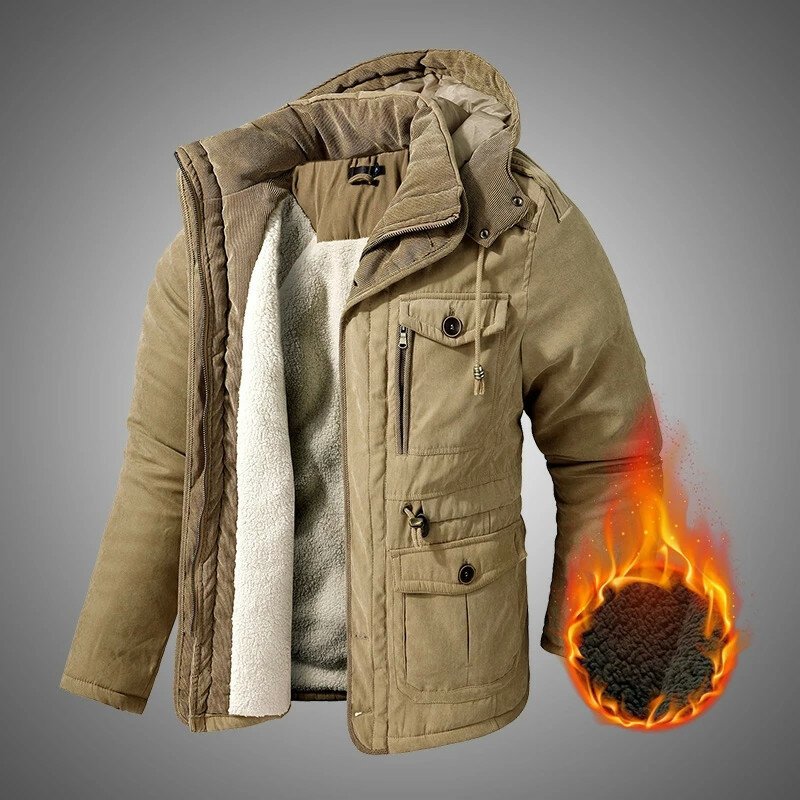 Men's Winter Thicken Warm Jacket Fleece Hood Parkas Outwear Overcoat Loose Casual Windproof Parka Male Military Jacket Coat