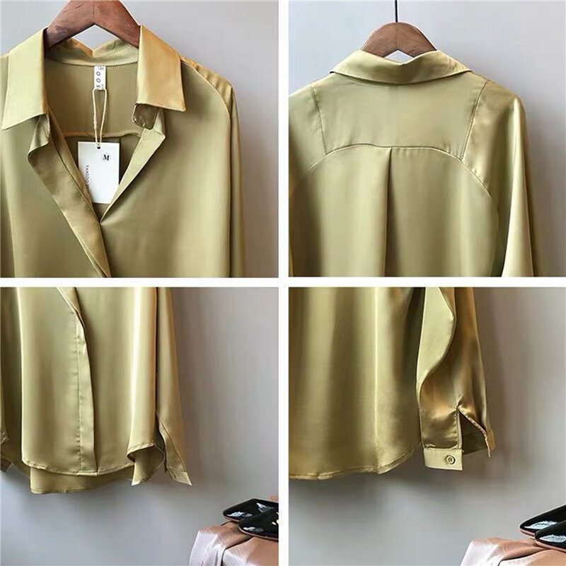 Blusa de seda com decote v feminina, tops de mangas compridas, camisas vintage elegantes e sensuais, casual e elegante, verão e outono 2021