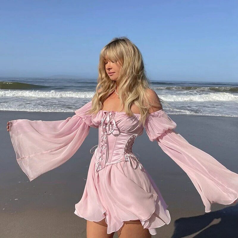 Women Fairy Grunge Pink Chiffon Mini Dress Chic Bandage Corset Vintage Long Puff Sleeve Sundress Slash Neck Bridesmaid Bodycon
