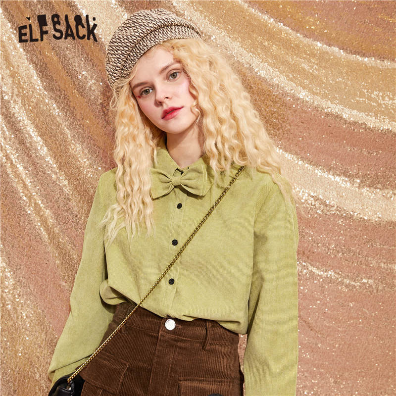 ELFSACK Grün Solide Einreiher Bögen Ausschnitt Casual Shirt Frauen, 2020 herbst ELF Vintage Volle Hülse Koreanischen Ladeis Täglichen Top