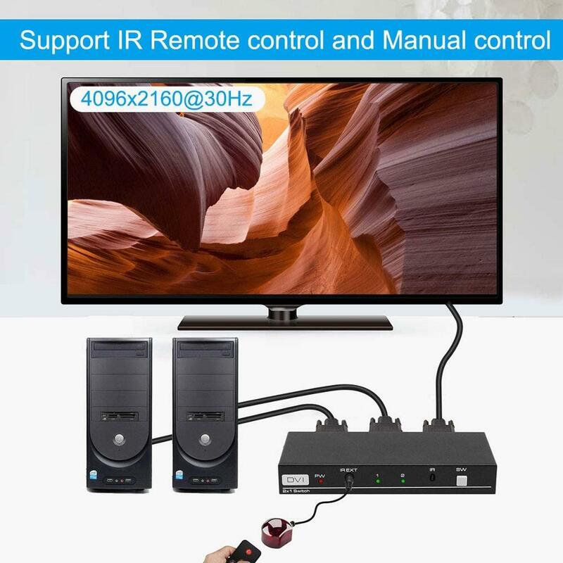 4K DVI 2 Port DVI Switcher 2x1 with IR Remote Control DVI Switch 2 in 1 Out Support 4096x2160@30Hz DVI Selector for PC Laptop