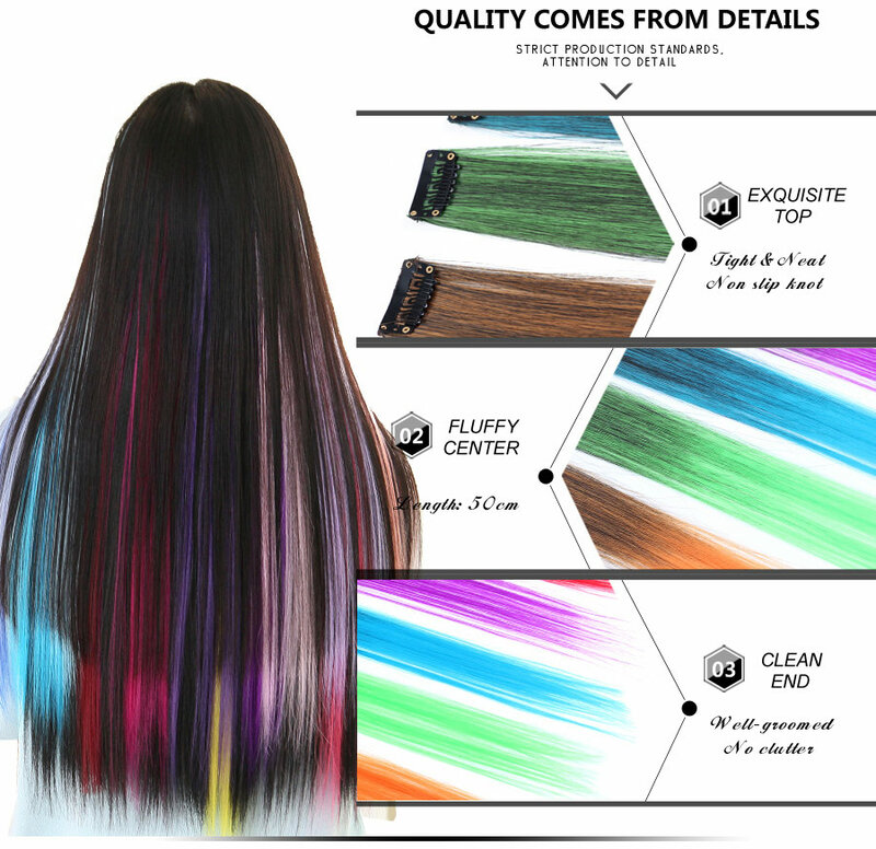 MEIFAN Ombre Long Straight Synthetic Colored Hair strands on Barrette for Girls Clip in One Piece Hair Extensions