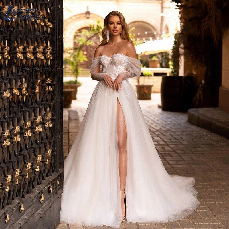 Кружевное свадебное платье с аппликацией и вырезом сердечком, 2022, платье принцессы с открытыми плечами для плявечерние, свадебное платье с аппликацией и разрезом