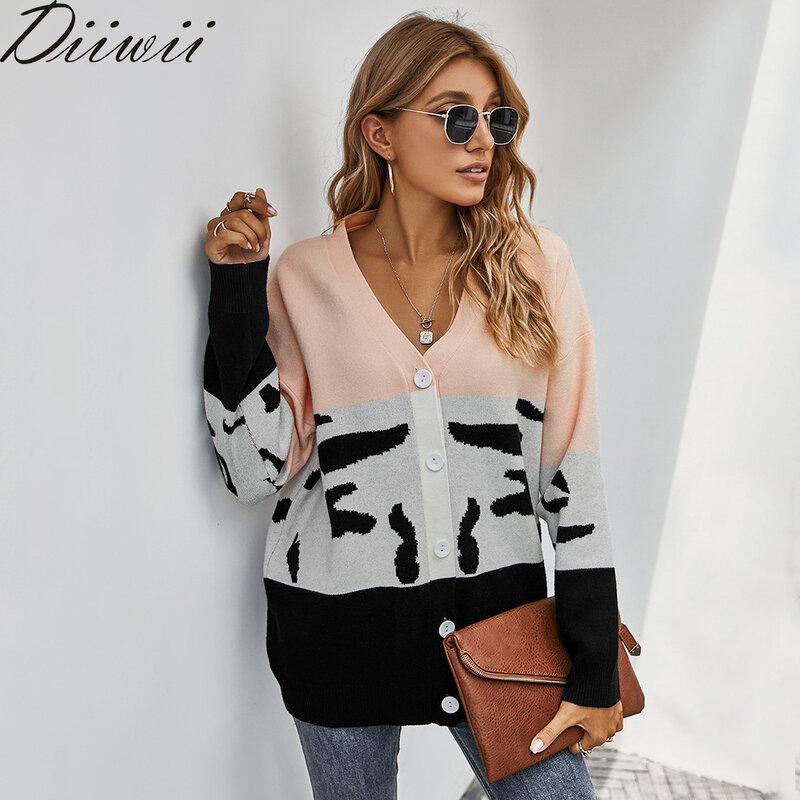 Diiwii moda zima nowy kontrastowy kolor sweter sweter płaszcz Vintage kobiety skręcić w dół kołnierz sweter z dzianiny sweter