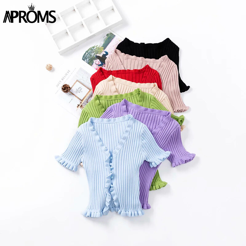 Aproms Green Ribbed Knitted Basic Cardigans Women Spring 2020 Ruffles Long Sleeve Cropped Sweaters Cool Girls Short Jumper Top