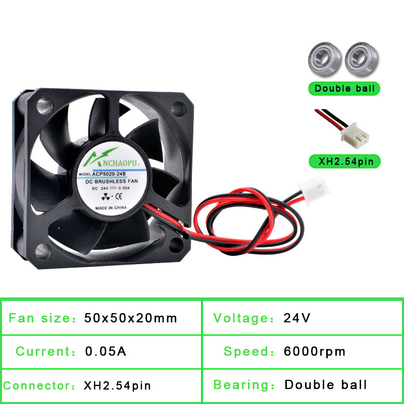 Вентилятор ACP5020 5 см, 50 мм, 50x50x20 мм, постоянный ток 5 В, 12 В, 24 В, 2-контактный Вентилятор охлаждения, подходит для шасси, источник питания, инвертор для зарядного устройства, принтера