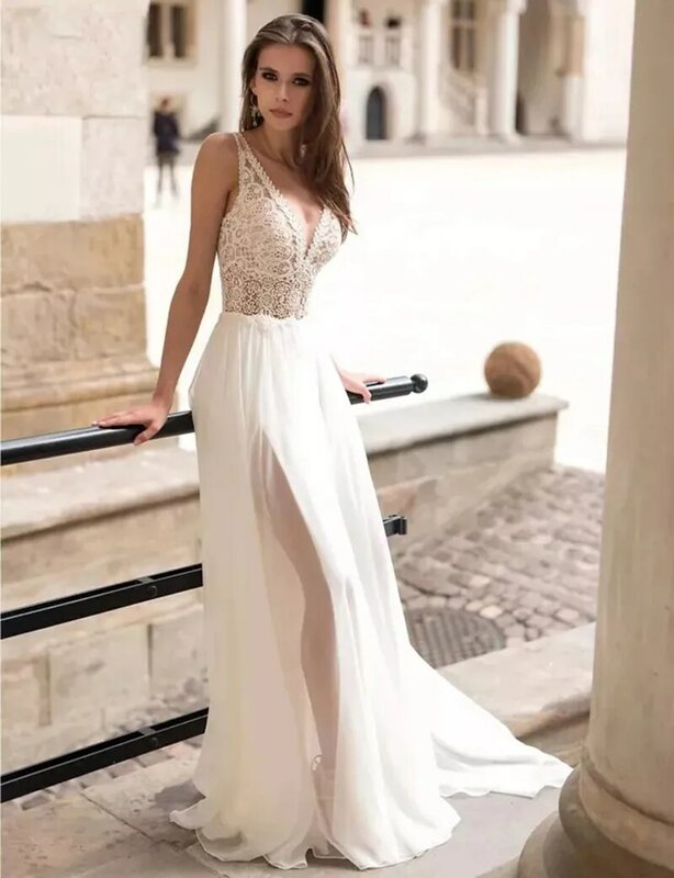 Plażowe szyfonowe suknie ślubne odpinane bufiaste rękawy V Neck koronkowe aplikacje Backless Boho eleganckie suknie ślubne Vestidos De Novia