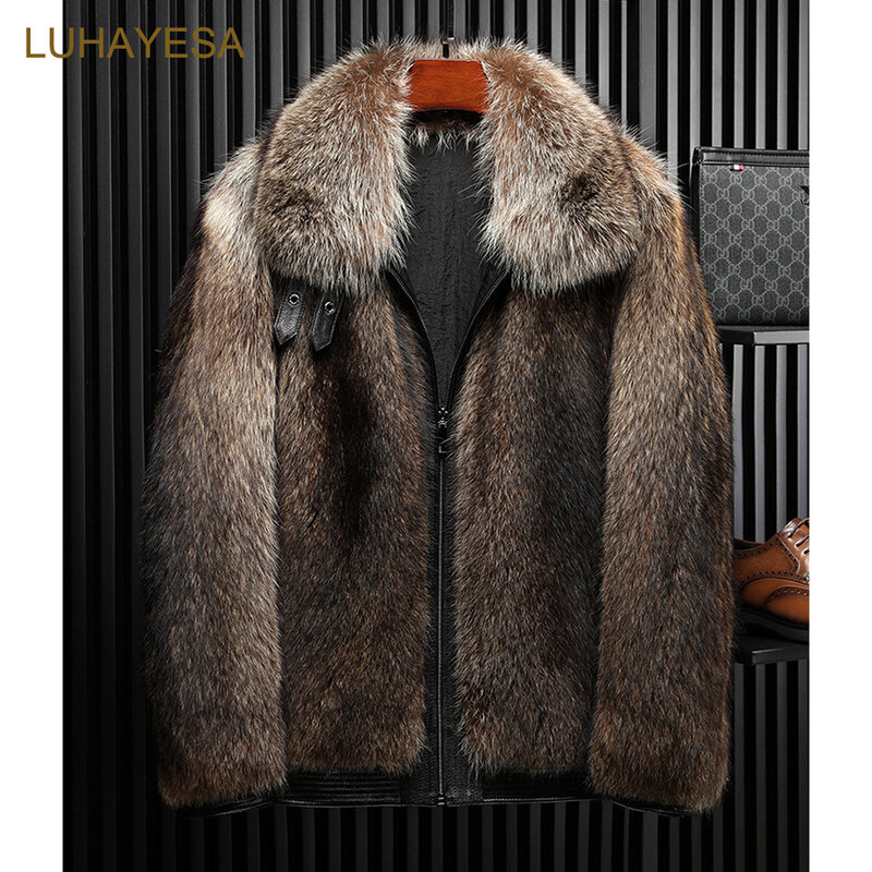 2021 LUHAYESA Luxury Raccoon Dog Fur Coat Men Brown Real Fur Jacket New 100% Genuine Fluffy Fur Clothing