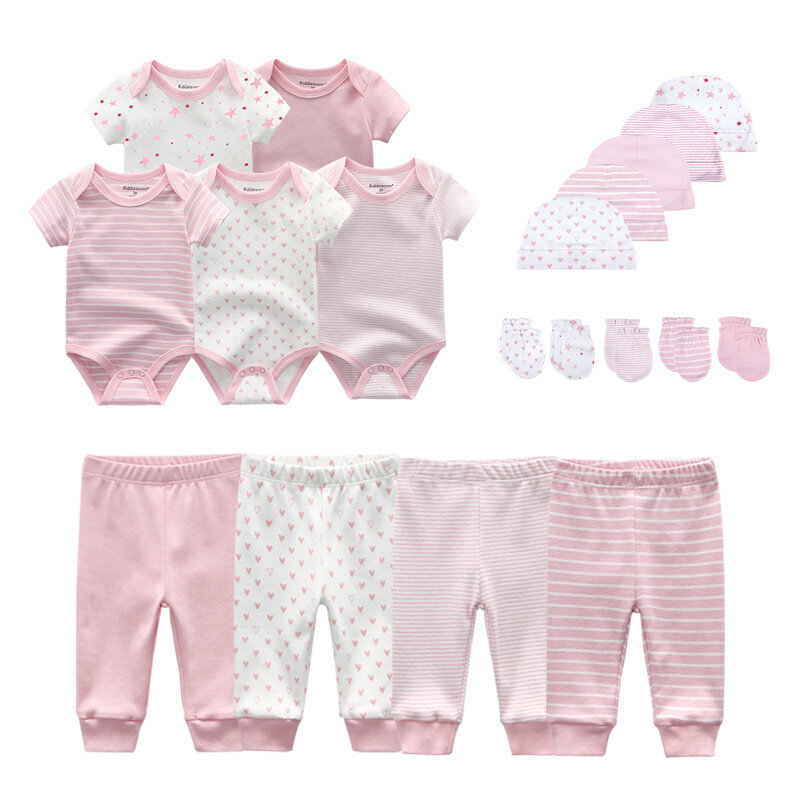 Baju Bayi Laki-laki Baru Lahir Uniseks Warna Polos 2023 Bodysuit + Celana + Topi + Sarung Tangan/Oto Baju Bayi Perempuan Set Baju Katun Bebes