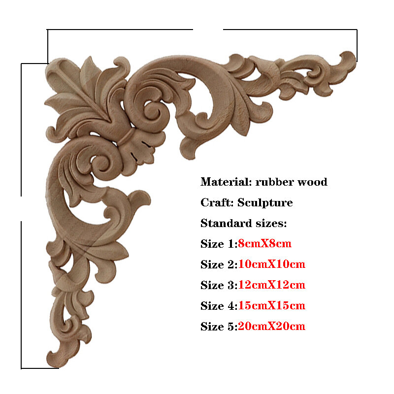 VZLX Carved Unpainted European Exquisite Long Floral Leaves Rubber Furniture Window Corner Wood Applique Onlay Wood Figurines