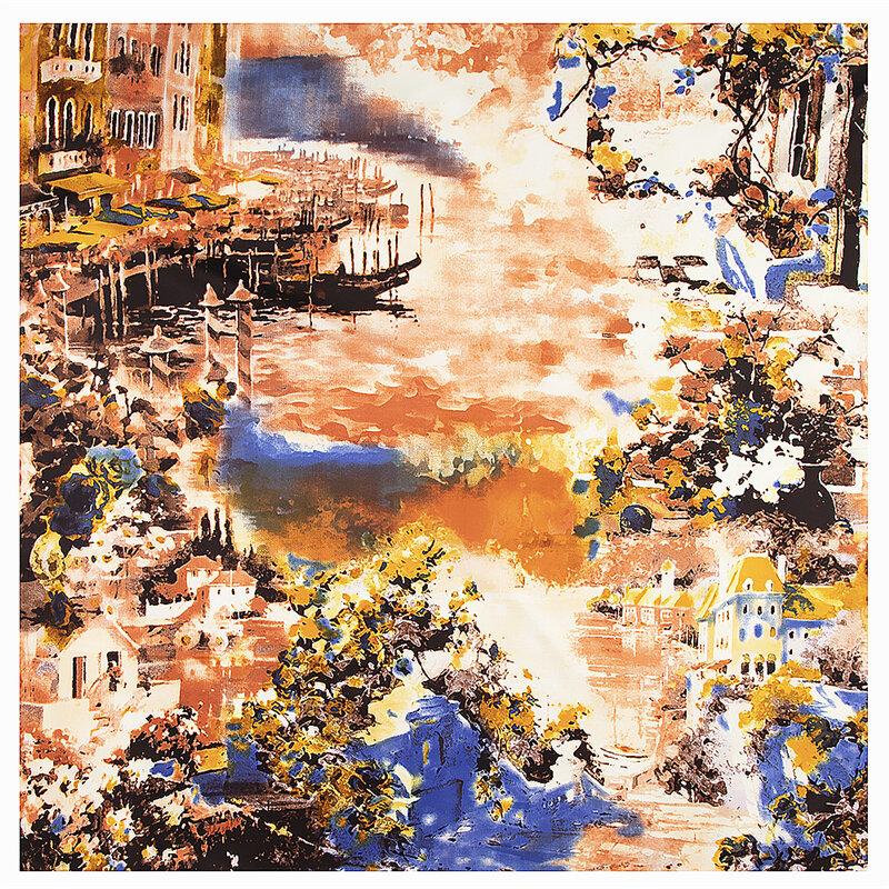 Classic New Oil Painting House Water Village Ship Ladies BrandTwill Silk Square Scarf Women Kerchief Scarves For Ladies Shawl