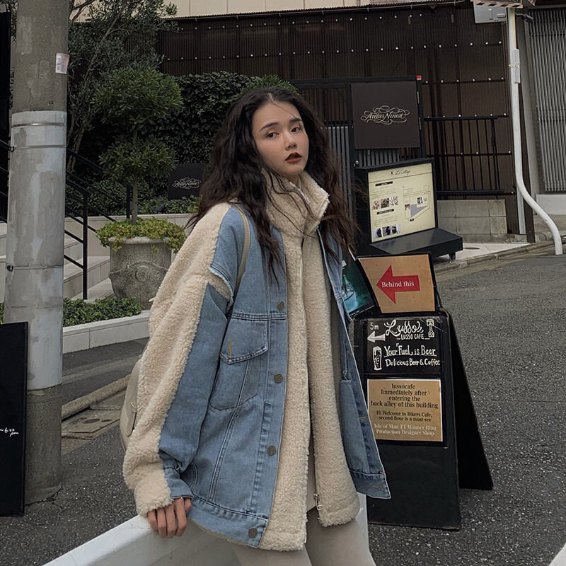 2021 가을/겨울 신사 숙녀 자켓 패션 램 양모 두꺼운 코트 여성 한국어 버전 느슨한 가짜 2 피스 데님 자켓