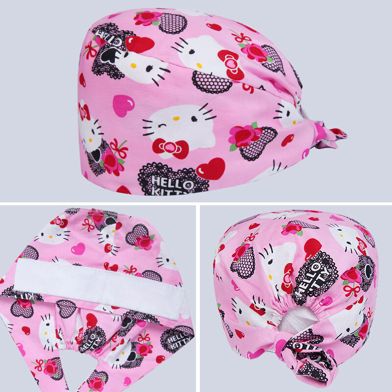 핑크 고양이 여성 스크럽 모자 간호사 작업 모자 지상 해골 모자 100% 면 티백 스웨트 밴드 요리사 미용사 머리 착용 M109