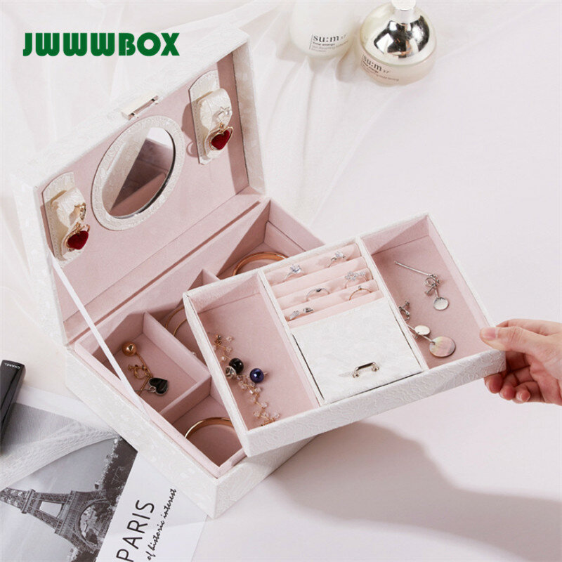 JWWWBOX luksusowe wielowarstwowe Big Jewelry Box dla kobiet kolczyki pierścionki bransoletki pudełko na biżuterię z lustrem JWBX51