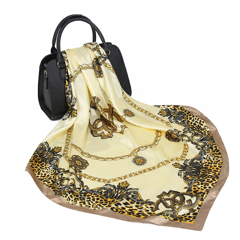 Cachecol de seda feminino estampa de leopardo, moda de marca de luxo, foulard, lenço com 90x90cm, quadrado, xales e lenços de cetim, cabeça/cabelo