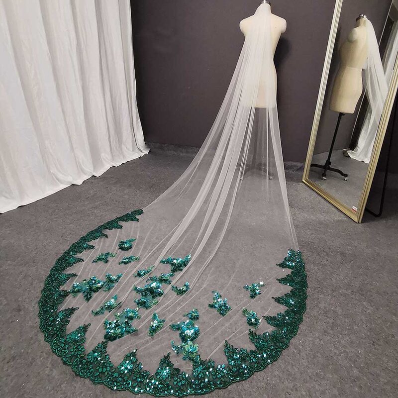 Véu de noiva luxuoso com lantejoulas, renda verde macia/marfim, tule, com pente, 1 camada, 3 metros, longo, colorido