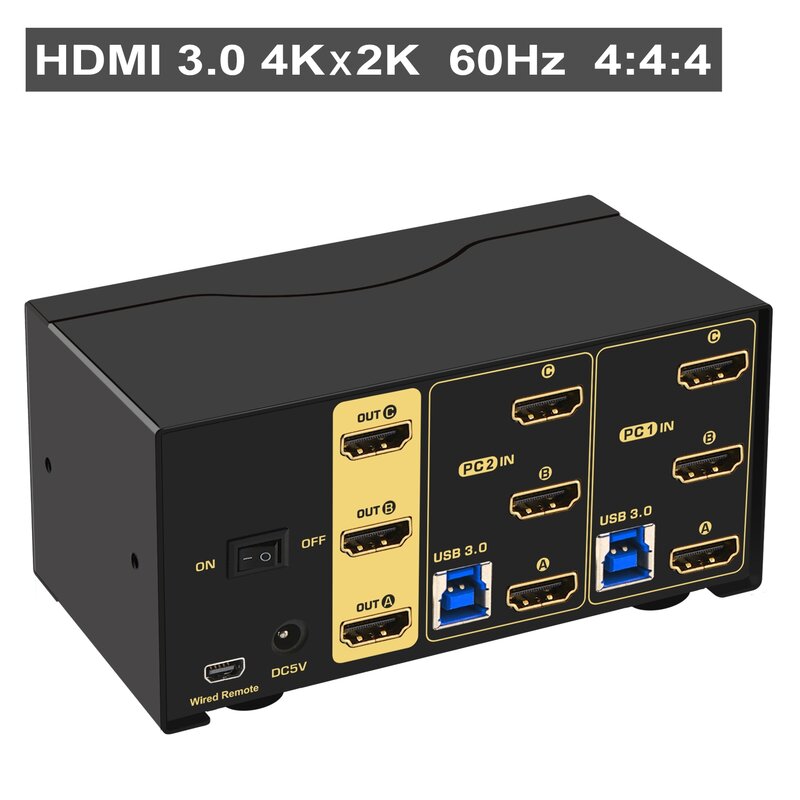 Interruptor KVM HDMI de triple monitor de 2 puertos, pantalla extendida, 4K @ 60Hz, 4:4:4, con audio y USB 3,0
