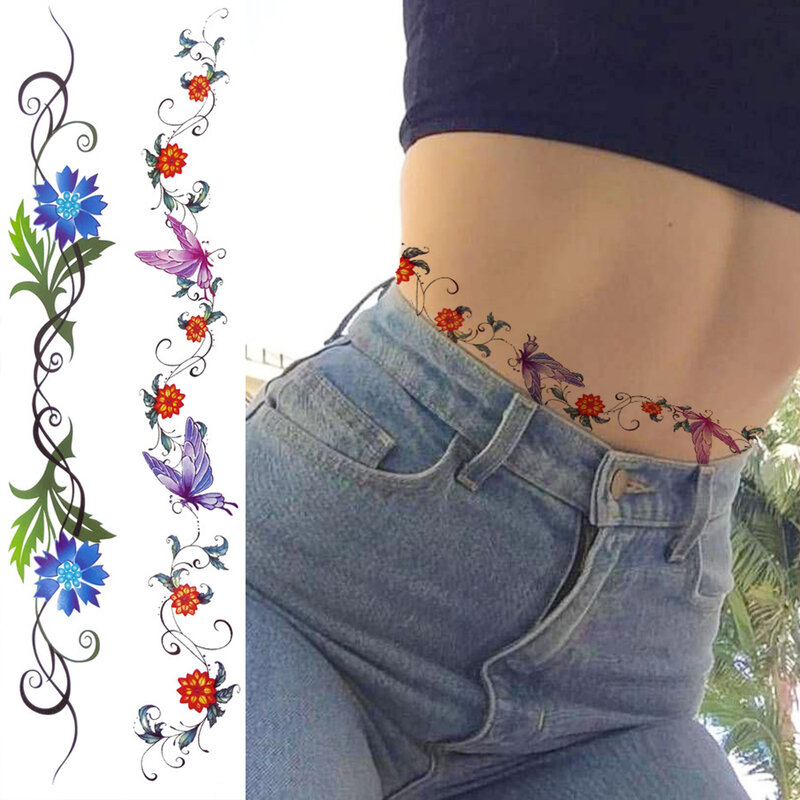 Realistyczny sztuczny kwiat tymczasowe tatuaże dla kobiet dziewczyn motyl tatuaż naklejki długie winorośli Sexy talia tatuaże naklejka łańcuchy