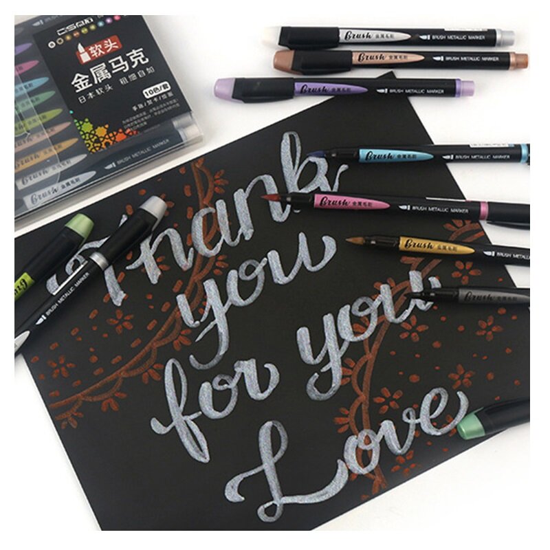 DS 10pcs Color Soft TIP Brush pen Art Metallic Marker Pen Set 1-7mm for Drawing Painting Calligraphy Lettering School