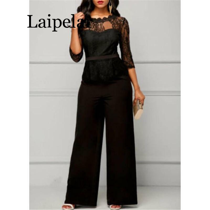 Fashion Women Plus Size Jumpsuit Hot Sale Loose Solid Color Playsuit Party Romper Half Lace Sleeve Party Elegant Long Jumpsuit