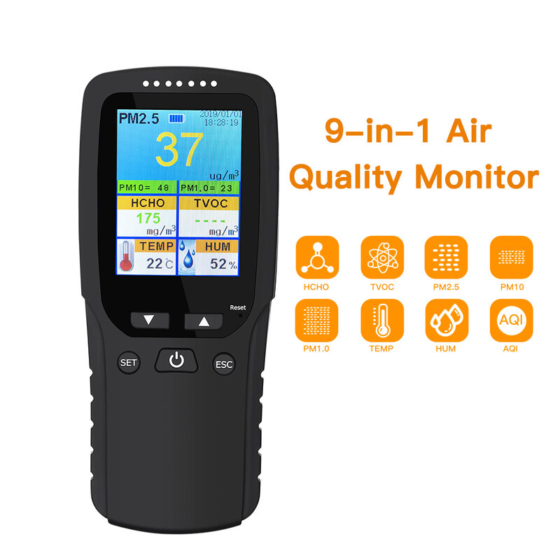 Probador de análisis de calidad del aire de mano para interior/exterior DM106A, Detector de humo/polvo/formaldehído, herramienta de medición