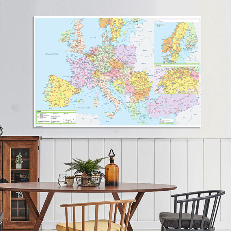 225*150Cm Eropa Politik Peta Lalu Lintas Rute Peta Besar Poster Non-anyaman Kanvas Lukisan Perlengkapan Sekolah Dekorasi Rumah
