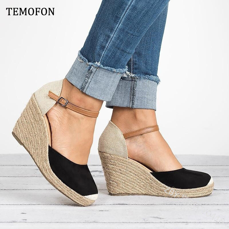 TEMOFON 2020 moda kobiety sandały kliny buty wysokie obcasy platformy letnie klapki pasek z klamrą Gladiator buty duży rozmiar HVT1067