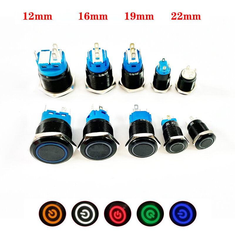 Interruptor de botão preto, impermeável, luz LED iluminada, interruptores momentâneos planos de metal, marca de energia, 5V, 12V, 24V, 12mm, 16mm, 19mm, 22mm