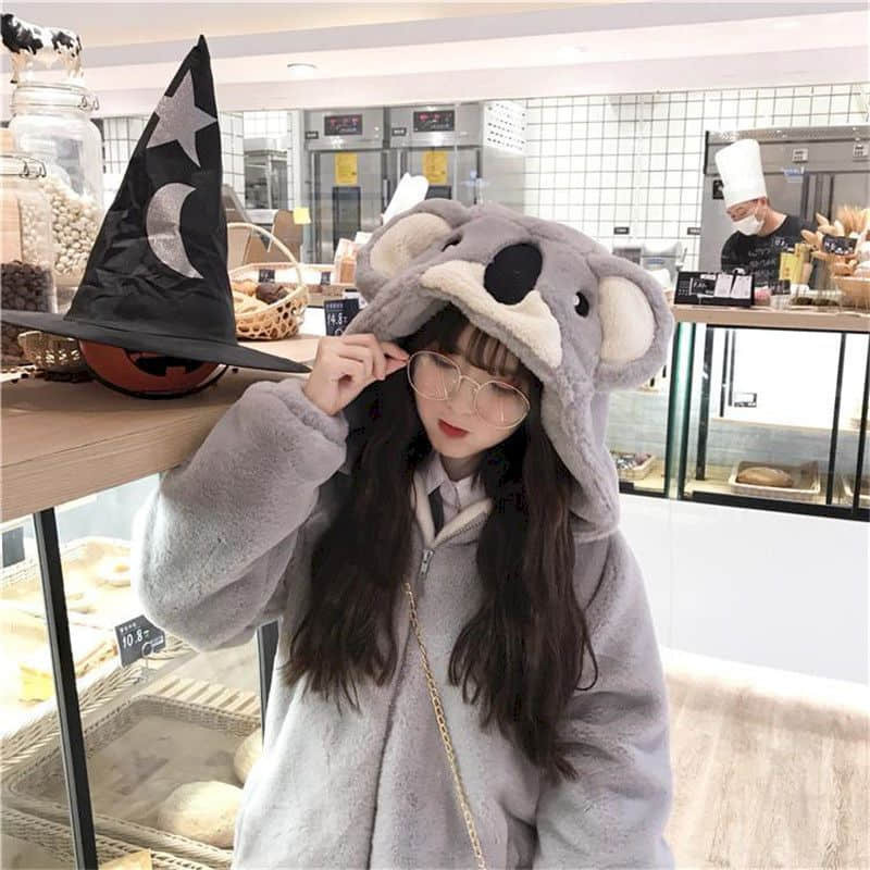Pluche Jas Vrouwelijke Nieuwe Stijl Japanse Zachte Meisje 2022 Winter Leuke Koala Oor Capuchon Student Verdikte Harige Jas Meisje