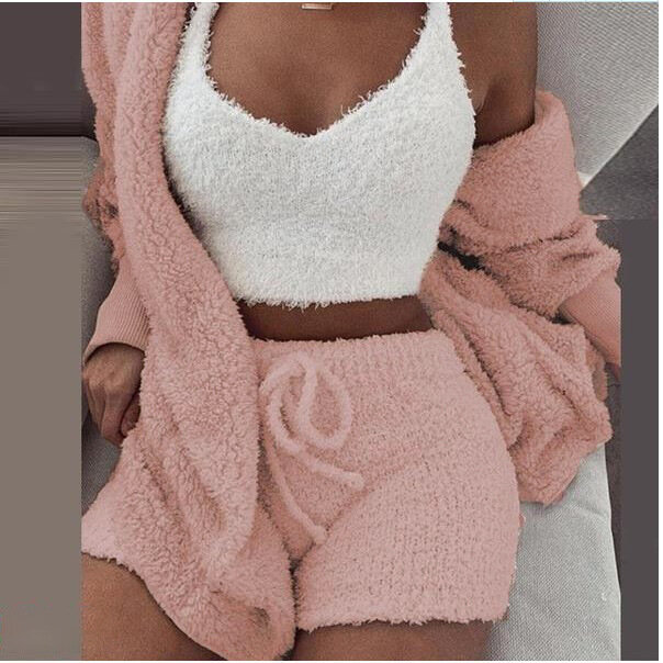 2023 Fluffy Three Piece Set Lounge Sexy 3 Piece Set Women Sweater knit Set Tank Top And Pants Casual Homewear Outfits Home Suit