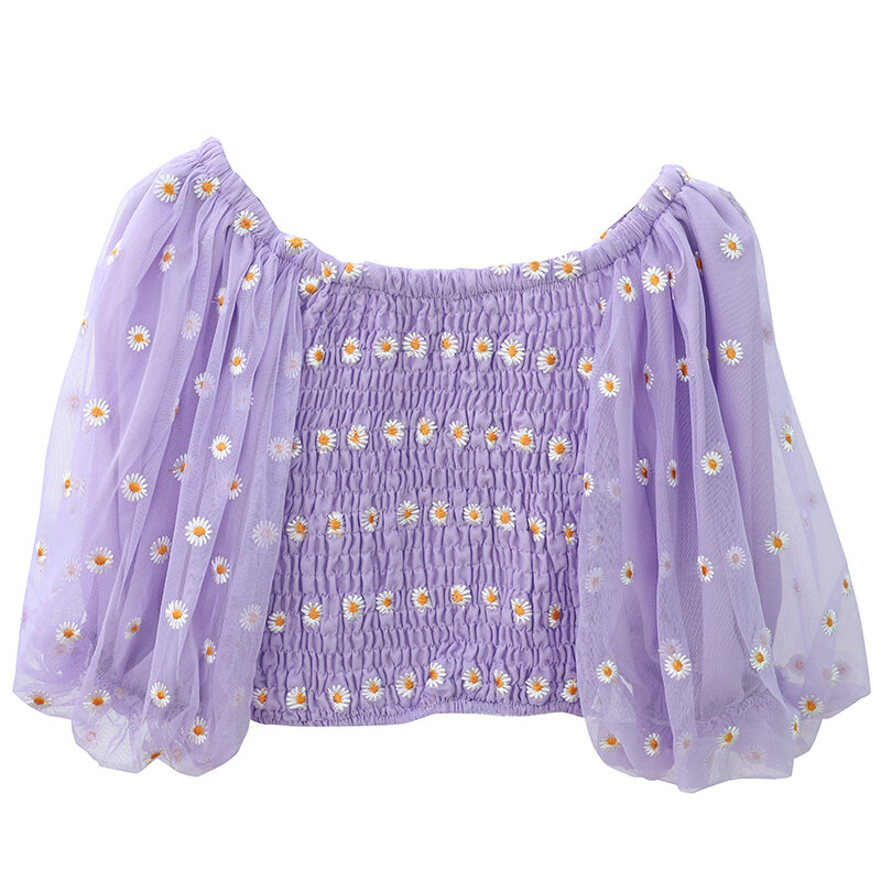 HISUMA-여름 퍼프 슬리브 슬래시 넥 여성 메쉬 거즈 기본 프릴 셔츠, 여성 짧은 탄성 슬림 자수 꽃 블라우스 탑스