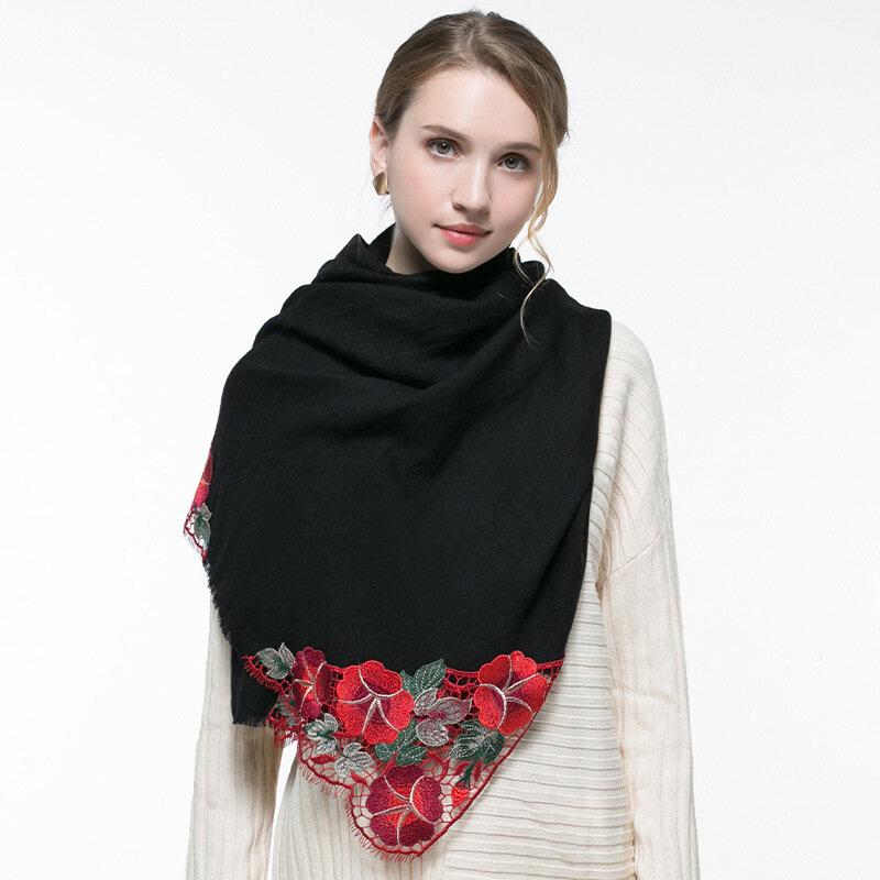 KMS 100% bufanda de lana señoras grueso cálido encaje hueco bordado cachemir chal 190*65 CM/200g