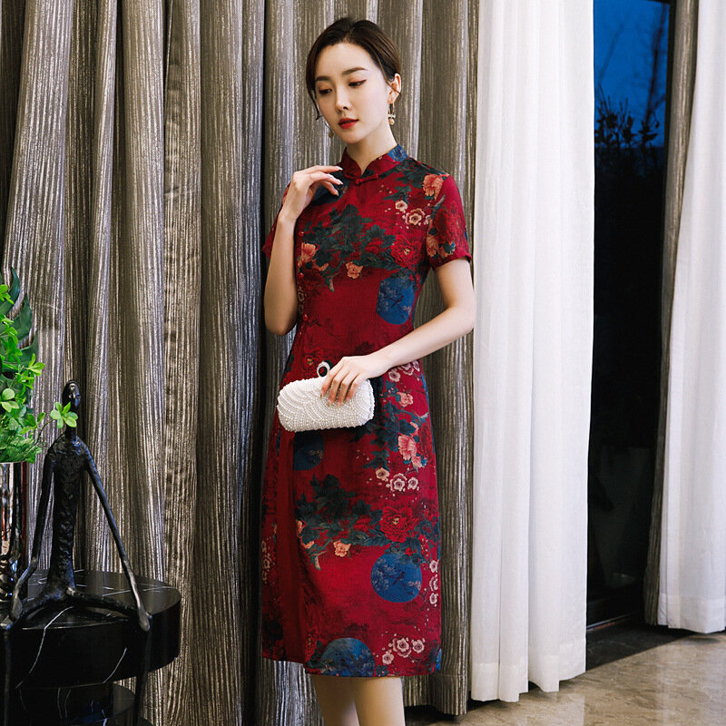 2020 New Mid-Length Silk Linen Short-Sleeved Dress Cheongsam Daily Stand Collar Short Sleeve Middle-Aged And Elderly Qipao Dress