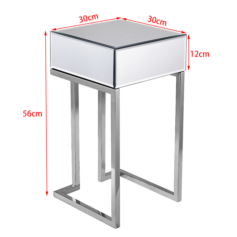 Panana Mirrored Glass Bedside Table With Drawer Glass Mirror Bedroom Furniture Nightstand Geometry Chrome Legs Livingroom