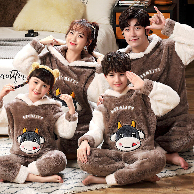 Flannel Pajamas Set Family Outfits Warm Cute Cartoon Parent-Child Sleepwear Winter Coral Women Men Kid Thick Pajamas Kigurumi