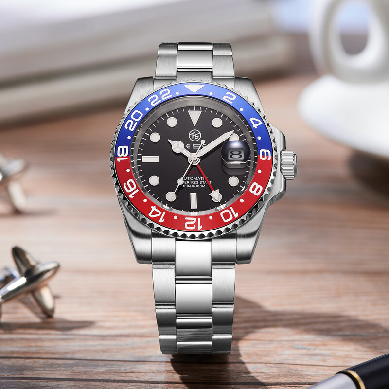 TESEN DESIGN Top marka szafirowe szkło mechaniczny zegarek reloj hombre luksusowy męski zegarek automatyczny zegarek GMT ze stali nierdzewnej