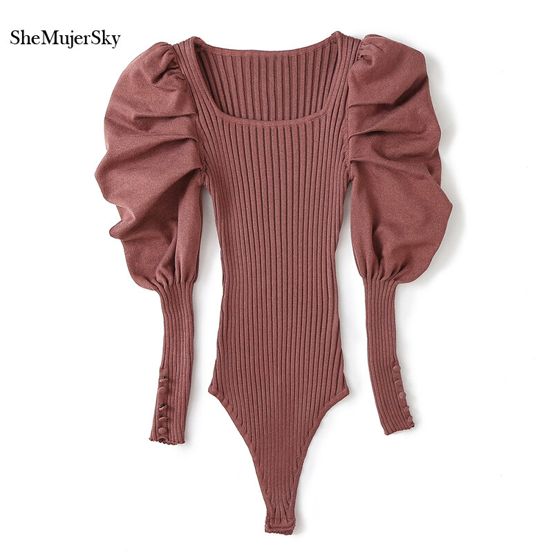 Shemujersky outono malha bodysuits feminino vintage gola quadrada puff manga bodysuit 2020 cor sólida magro macacão