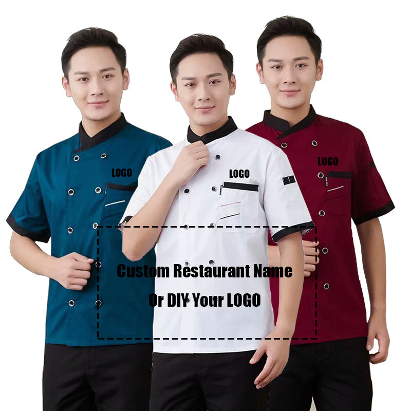 1 Pcs Aangepaste Logo Chef Jas Catering Catering Restaurant Chef Jassen Korte Mouw Unisex Shirt Gratis Ontwerp Size M-4XL