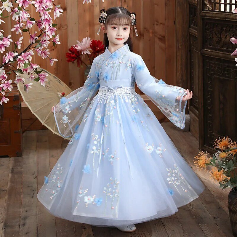 Новое Старинное платье Hanfu для девушек на осень и зиму в китайском стиле ретро юбка Феи принцессы вечернее платье с вышивкой для выступления