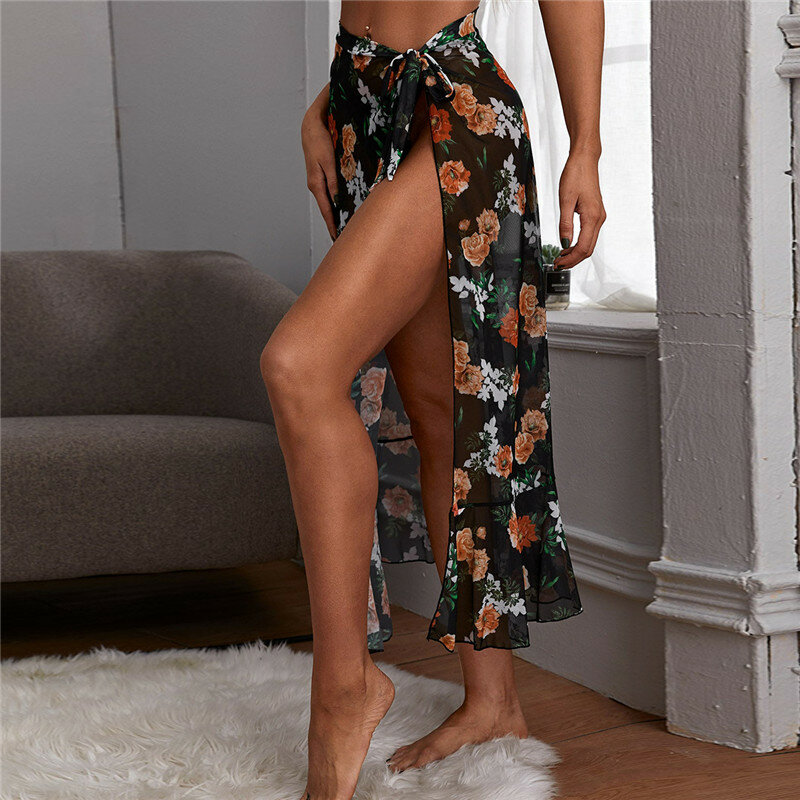 Новинка 2021, пляжная юбка с цветочным принтом, сетчатая юбка с поясом и поясом