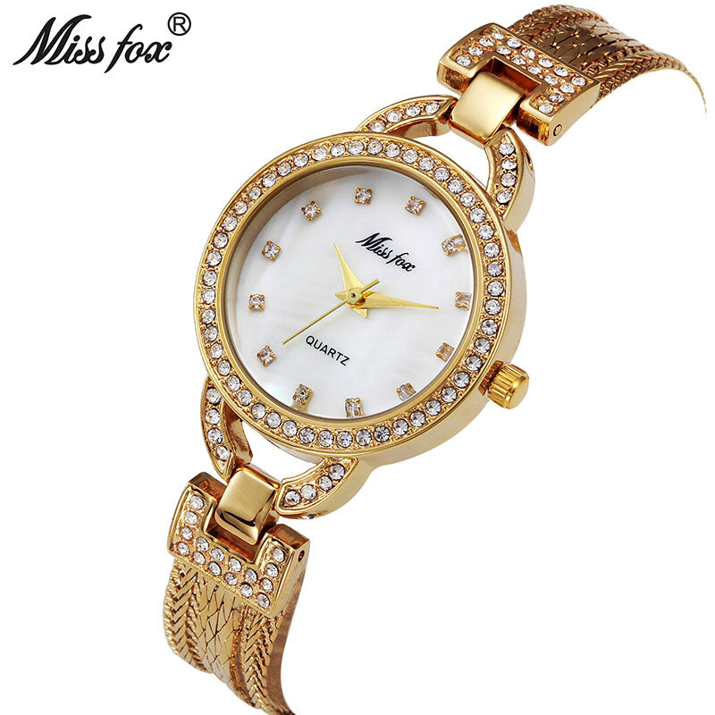 MISSFOX Woman Small Watch Cute Pearl Shell C Luxury Women Gold Watches Fashion Steel Mesh Rhinestone Sweet Style Quartz Watch