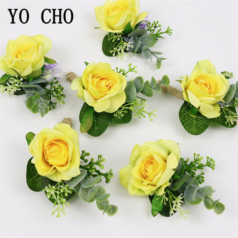 YO CHO Wedding Silk Corsage Flower Men Brooch Pins Groom Boutonniere Bridesmaid Wrist Corsage Bracelet Wedding Rose Flower White