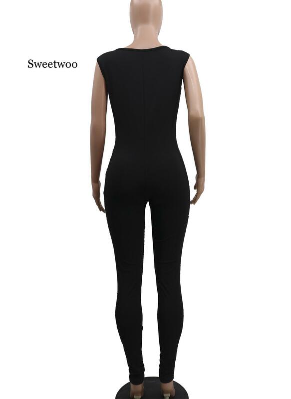 เซ็กซี่ Bodysuit PLUS ขนาดตำแหน่งเลื่อม Jumpsuit Elastic V คอ Jumpsuits สำหรับผู้หญิง 2020 ผู้หญิง Streetwear Overalls