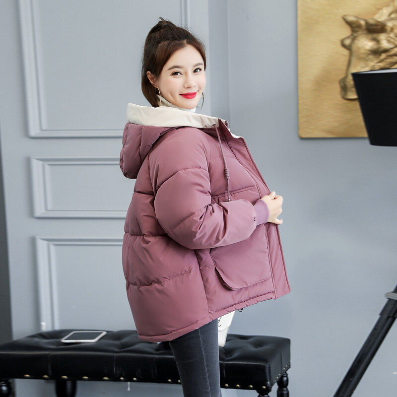 Jaket parka wanita katun versi Korea, pakaian musim dingin dan musim gugur 2024 baru, jaket katun bertudung longgar modis