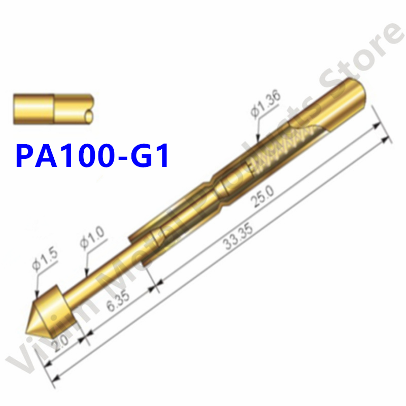 100 Stuks PA100-G1 Veertest Sonde PA100-G Testpen P100-G P100-G1 Testgereedschap 33.35Mm 1.36Mm Naald Gouden Punt Dia 0.99Mm Pogo Pin
