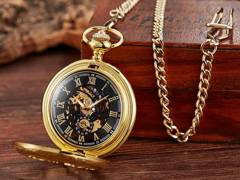 Часы наручные мужские механические, бронзовые карманные, с циферблатом и римскими цифрами, с откидной крышкой, с цепочкой-брелком, подарочная коробка