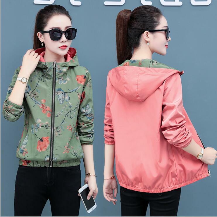 2021 primavera novo feminino impresso dupla face usar solto grande tamanho estudante jaqueta com capuz jaqueta feminina pequena jaqueta
