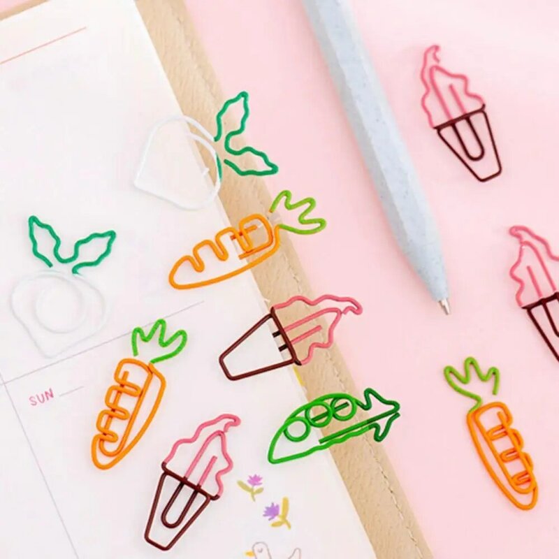 Clips Kawaii para encuadernación, marcapáginas con forma de zanahoria, helado, guisante, nabo, soporte para boletos, Clip de papel, papelería escolar